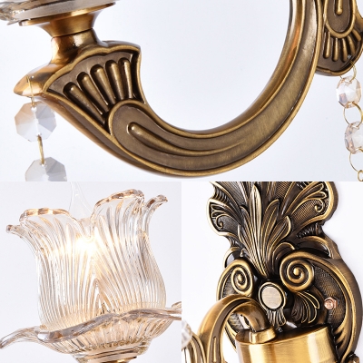 Vintage Style Antique Brass Wall Light Bud Shade 1/2 Lights Metal Sconce Light with Striking Crystal for Hotel