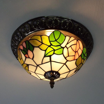 White Bowl Flush Mount Light with Bamboo/Rose 2 Lights Stained Glass Ceiling Lamp for Balcony