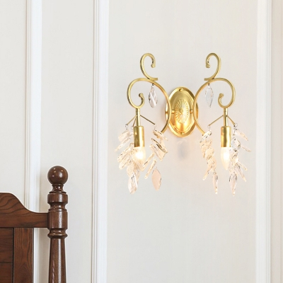 2 Lights Candle Wall Light Elegant Style Clear Crystal Sconce Light in Gold for Bedroom Hallway