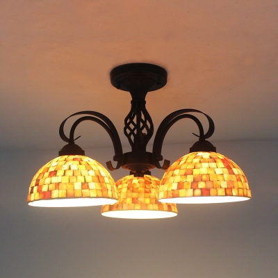 3 Heads Bell/Dome Ceiling Light Tiffany Traditional Art Glass Semi Flush Light for Villa Restaurant