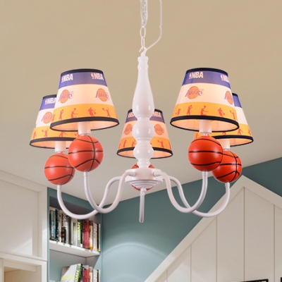 5 Lights Basketball Chandelier Sport Style Metal Resin Pendant Light in White for Boys Bedroom