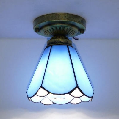 Art Glass Conical Ceiling Mount Light One Head Tiffany Classic Flush Light in Blue/White for Study Room