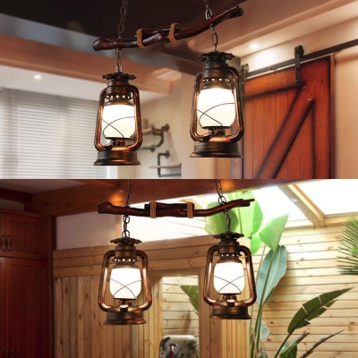 Balcony Corridor Kerosene Island Light Metal Two Lights Vintage Style Island Chandelier in Aged Brass