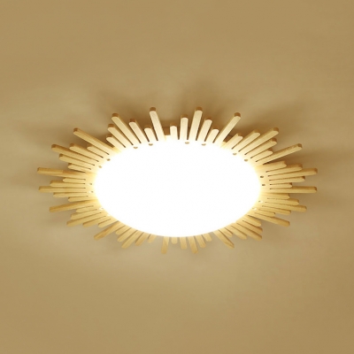 Beige Sun LED Ceiling Light Nordic Style Wood Flush Mount Light with Warm/White Lighting for Corridor