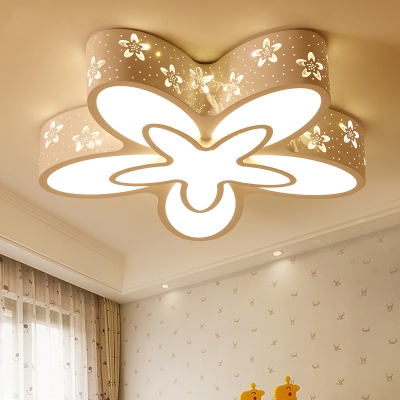 Blue/Pink/White Flower Flush Light Cartoon Metal LED Ceiling Lamp with Third Gear/White Lighting for Girls Bedroom