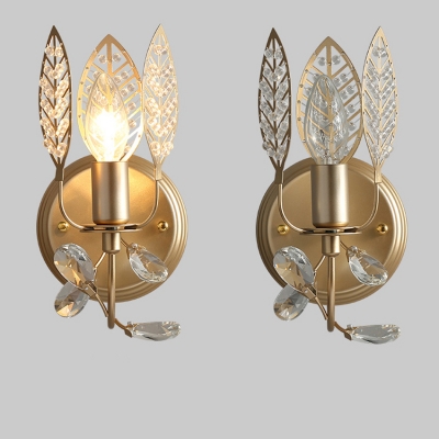 Classic Candle Sconce with Leaf & Crystal Bead 1 Head Metal Wall Light in Gold for Kitchen