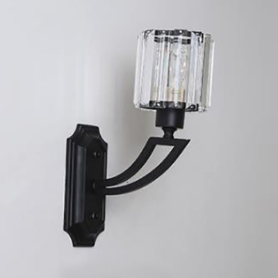Classic Style Drum Sconce Iron 1 Light Black/Gold Finish Wall Light with Crystal for Stair