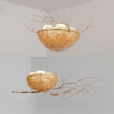 Creative Bird Nest Chandelier Metal 2/3 Lights Gold Pendant Light for Living Room Cafe