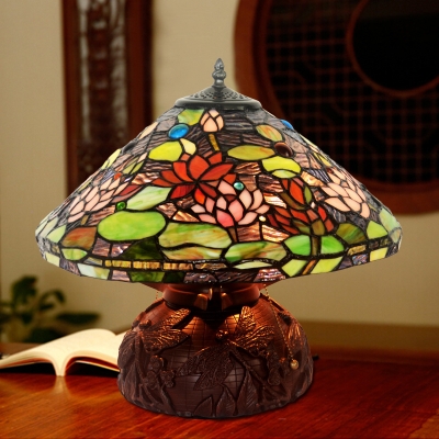 Creative Tiffany Night Light Dragonfly/Lotus Two Lights Stained Glass Table Light with Pull Chain for Hotel