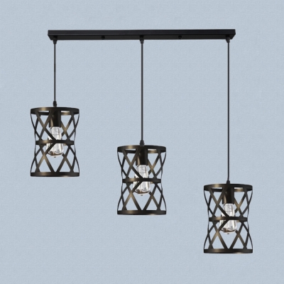 Cylinder Cage Dining Room Pendant Light Metal 3 Lights Industrial Hanging Light in Black