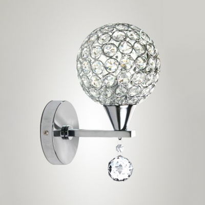 Foyer Bedroom Globe Wall Light Metal 1 Head Modern Stylish Chrome Sconce Light with Crystal