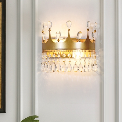 Hotel Restaurant Crown Wall Light Metal 2 Heads Elegant Stylish Gold Sconce Light with Crystal Deco