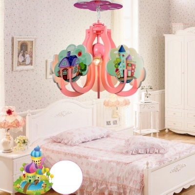 Kids Castle Ceiling Pendant Single Lights Metal Mini Chandelier in Blue/Pink for Girls Bedroom