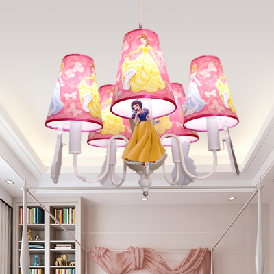 Lovely Blue/Pink Ceiling Pendant Princess Five Lights Metal Chandelier with Fabric Shade for Girls Bedroom