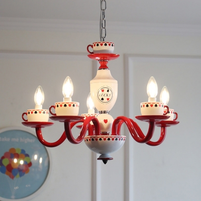 Lovely Candle Hanging Lamp with Coffee Cup 5 Lights Glass Chandelier Chandelier in Red for Restaurant
