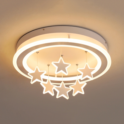 Modern Ring Flush Mount Light with Hanging Star Acrylic White LED Ceiling Fixture with Warm/White Lighting for Bedroom