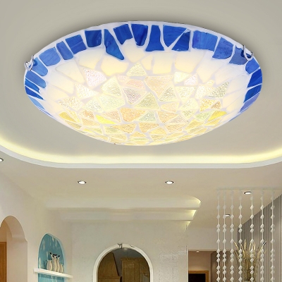 Mosaic Circular Flush Ceiling Light Glass One Light Blue Edge Ceiling Lamp for Bathroom