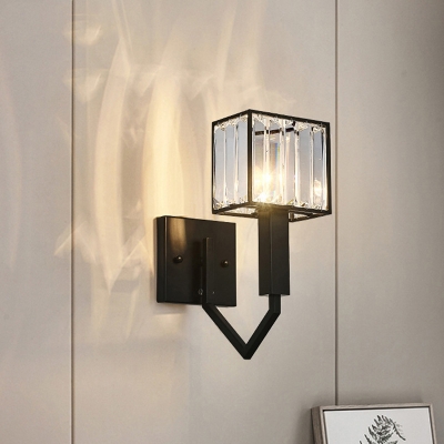 Single Light Rectangle Wall Light with Clear Crystal American Rustic Wall Lamp in Black for Stair