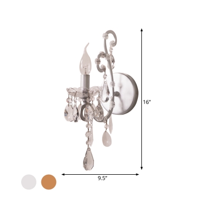Traditional Candle Sconce Light with Clear Crystal Single Light Metal Wall Lamp in Gold/Silver for Bathroom