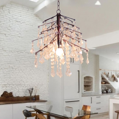 Twig Dining Room Pendant Light Metal 1 Bulb Country Style Rust Chandelier with Clear Crystal