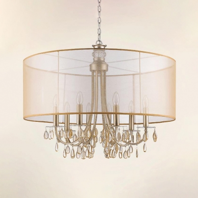 Vintage Candle Chandelier with Fabric Drum Shade & Crystal 5/8 Lights Metal Pendant Light in Champagne for Dining Room