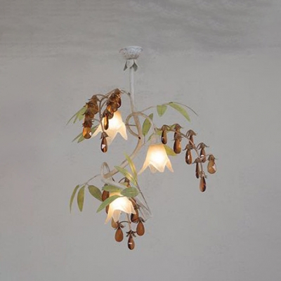 White Flower Pendant Light with Leaf Crystal 3 Heads Rustic Style Metal Chandelier for Restaurant