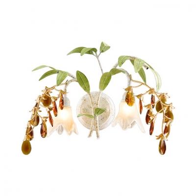 White Flower Wall Light 2 Lights Rustic Style Frosted Glass Sconce Light with Amber Crystal & Leaf for Cafe