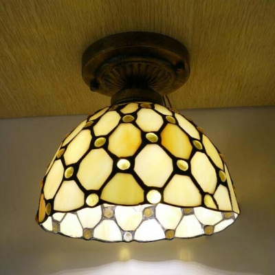 1 Head Domed Ceiling Light with Baroque/Bead/Flower/Mediterranean Tiffany Art Glass Flush Light for Hotel