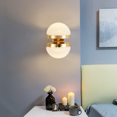 2-Light Hemisphere Wall Lamp for Bedside Hallway Post Modern White Glass Wall Lighting in Gold Finish