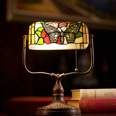 Multi-Color Butterfly Desk Light One Light Tiffany Antique Stained Glass Banker Lamp for Office