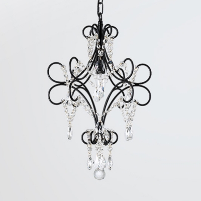Colonial Style Candle Chandelier with Crystal Bead 1/3 Heads Metal Pendant Light in Black for Restaurant