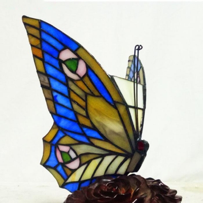 Animal Tiffany Night Light Butterfly 1 Bulb Stained Glass Table Light in Blue/Purple for Child Bedroom