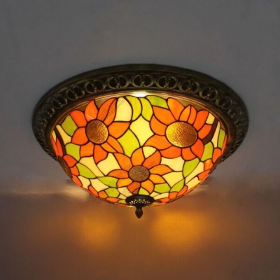 Orange Sunflower Flush Mount Light 3/4 Lights Tiffany Rustic Ceiling Lamp for Kitchen Balcony