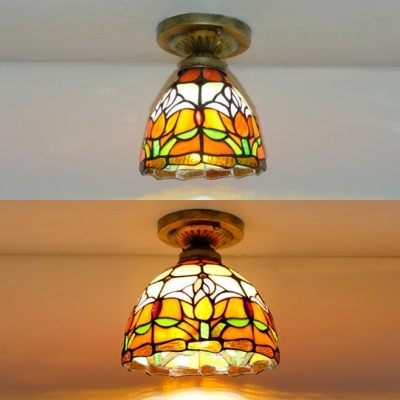 Single Light Tulip Ceiling Lamp Rustic Tiffany Stained Glass Flush Light for Kitchen Foyer