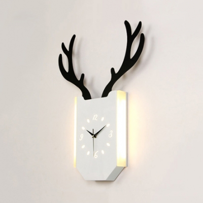 Wood Clock Shaped Wall Light with Antlers Living Room Modern Stylish Warm/White Lighting Sconce Lamp in Beige/White