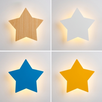 Kids Star LED Wall Light Wood Sconce Lamp in Blue/Beige/White/Yellow for Girls Bedroom Game Room