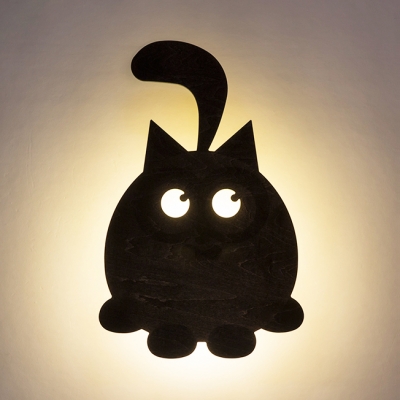 Black/Beige Kitten Sconce Light Animal Wood LED Wall Sconce for Boys Girls Bedroom Hallway