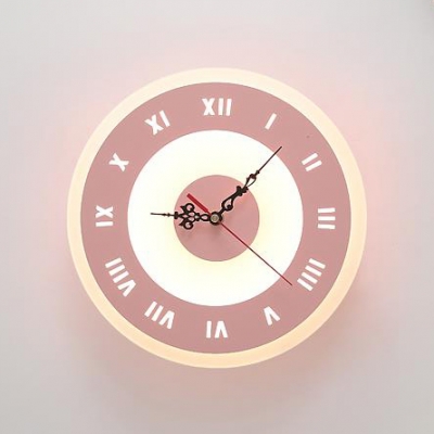 Macaron Style Round Clock Wall Lamp Metal Acrylic LED Sconce Lamp in Pink/Yellow for Girls Bedroom