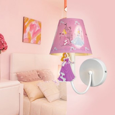 Fabric Bucket Sconce Light with Airplane/Princess 1 Bulb Kids Wall Lamp in Blue/Pink for Child Bedroom