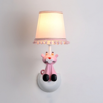 Fabric Tapered Shade Sconce Light with Toy Tiger Nursing Room 1 Light Cartoon Wall Lamp in Pink