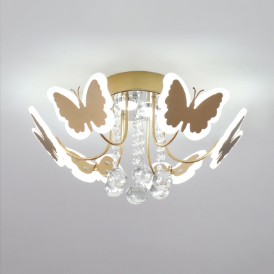Acrylic Butterfly LED Ceiling Light with Crystal Ball 6/8 Light Pretty Semi Flush Light in Coffee/Gold for Girls Bedroom
