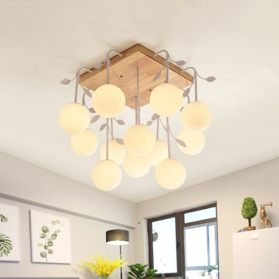 Asian Style Globe Ceiling Lamp with Leaf Wood Glass 5/12 Lights White Semi Flush Ceiling Light for Foyer