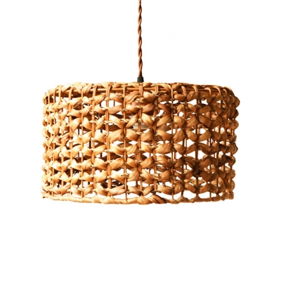 Beige Drum Shape Hanging Lamp 1 Bulb Rustic Style Rattan Pendant Light for Cafe Restaurant