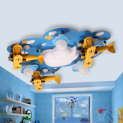 Cartoon Kids Cloud Ceiling Mount Light with Gilder Wood LED Flush Light in Blue for Boys Girls Bedroom