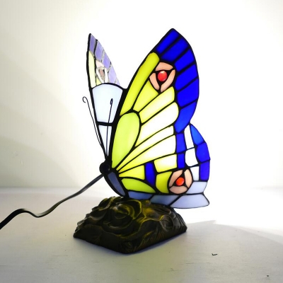 Child Bedroom Butterfly Table Light Stained Glass 1 Bulb Tiffany Stylish Desk Light with Plug-In Cord