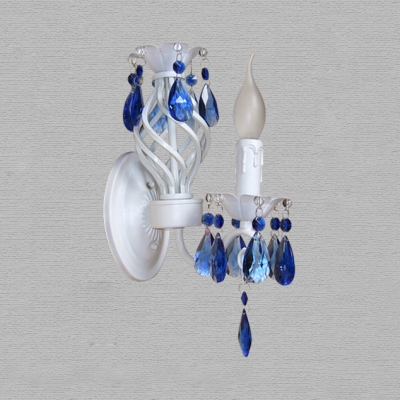 Classic Style Candle Wall Lamp with Blue Crystal 1/2 Heads Metal Sconce Light in White for Cafe