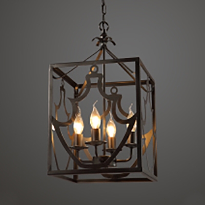 Colonial Style Candle Pendant Light with Rectangle Shade 4 Lights Metal Chandelier in Matte Black for Restaurant
