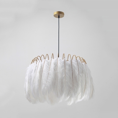 Contemporary Drum Ceiling Pendant Feather Single Light White Hanging Light for Restaurant Bedroom