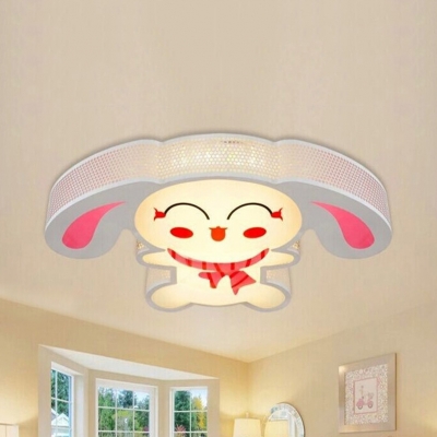 Cute Smiling Bunny Ceiling Lamp Metal Stepless Dimming/White LED Flush Mount Light in Pink for Nursing Room