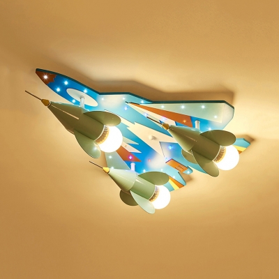 Fighter Airplane Boys Bedroom Ceiling Fixture Metal 3 Heads Coll LED Semi Flush Ceiling Light in Blue